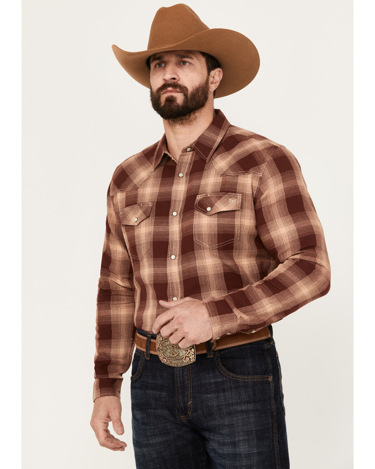 Image #1 - Blue Ranchwear Men's Lander Plaid Print Long Sleeve Western Pearl Snap Shirt, Red, hi-res