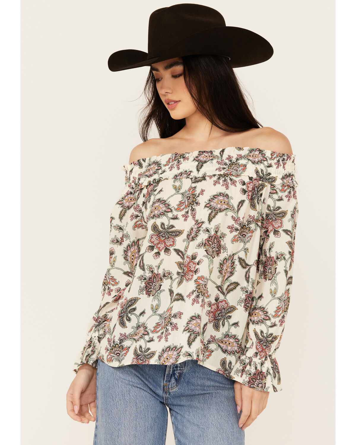 Image #1 - Wild Moss Women's Floral Print Long Sleeve Off The Shoulder Shirt, Ivory, hi-res