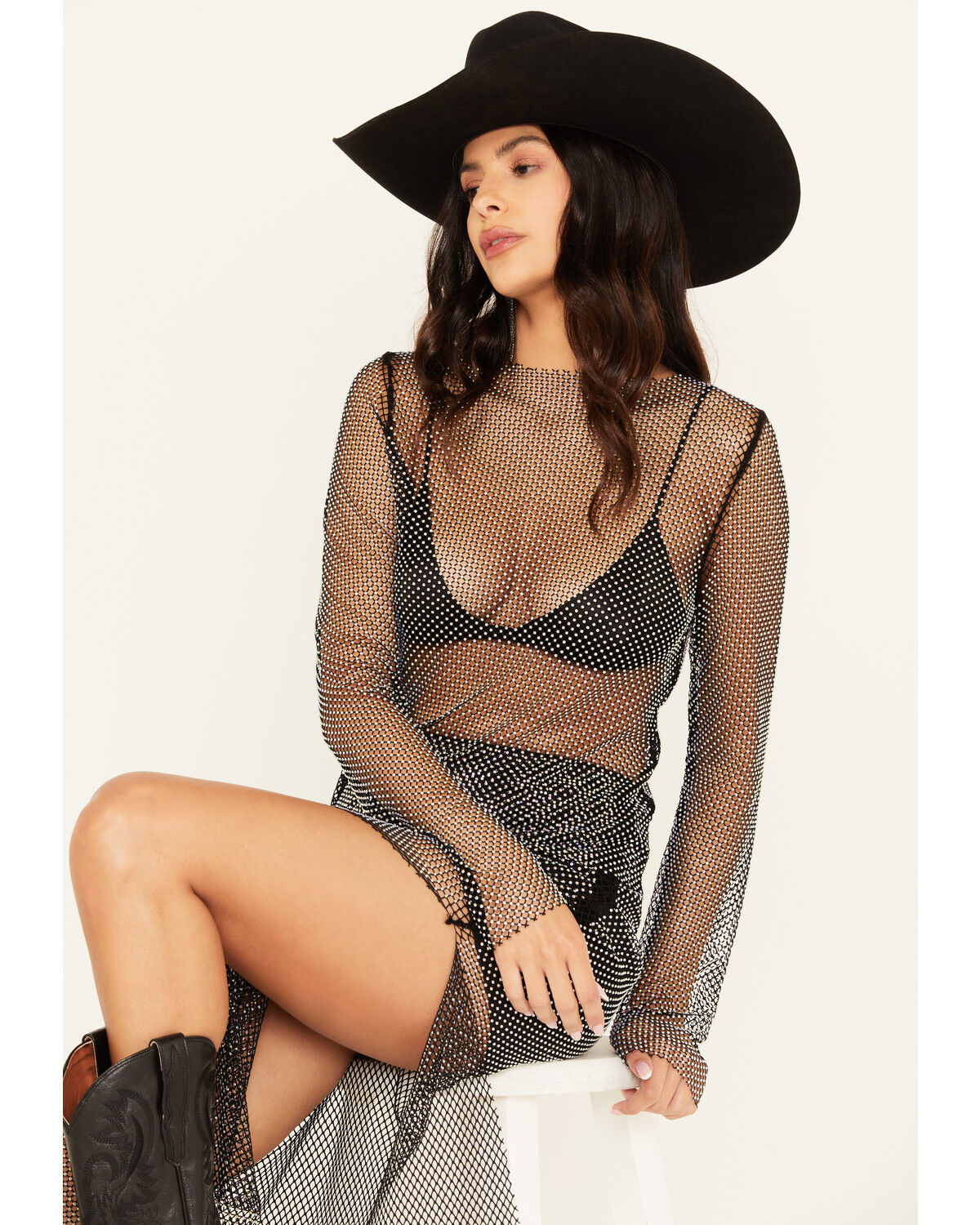 Image #2 - Rock & Roll Denim Women's Rhinestone Mesh Long Sleeve Top, Black, hi-res