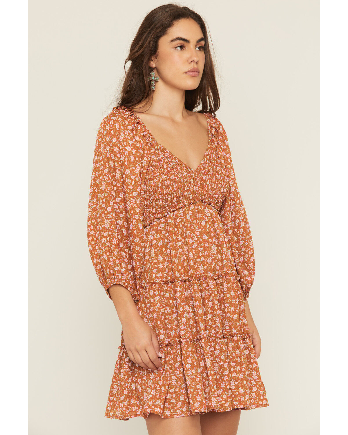 Image #2 - Yura Women's Floral Print Long Sleeve Smocked Mini Dress, Rust Copper, hi-res