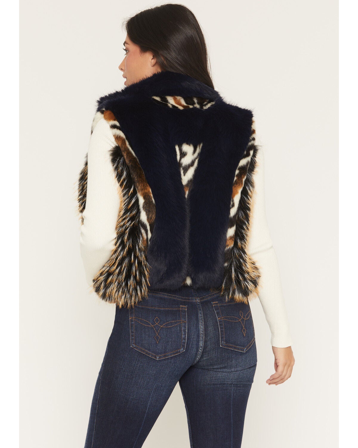 Image #4 - Azalea Wang Women's Boot Barn Exclusive Faux Fur Striped Vest, Navy, hi-res