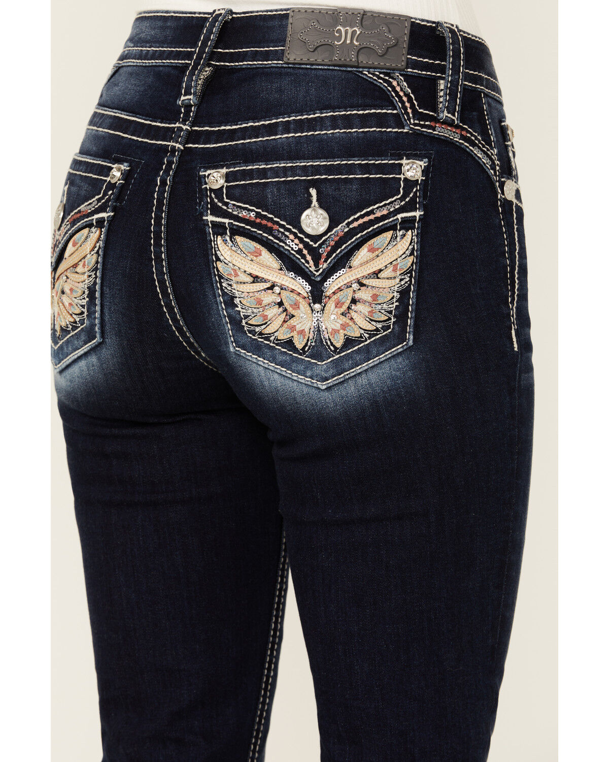 Image #2 - Miss Me Women's Dark Wash Wing Pocket Bootcut Stretch Denim Jeans, Dark Wash, hi-res