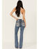 Image #1 - Miss Me Women's Dark Wash Mid Rise Downward Wing Pocket Bootcut Stretch Denim Jeans, , hi-res