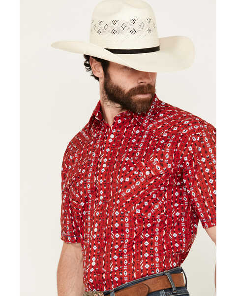 Image #2 - Rough Stock by Panhandle Men's Southwestern Print Short Sleeve Pearl Snap Western Shirt, Red, hi-res