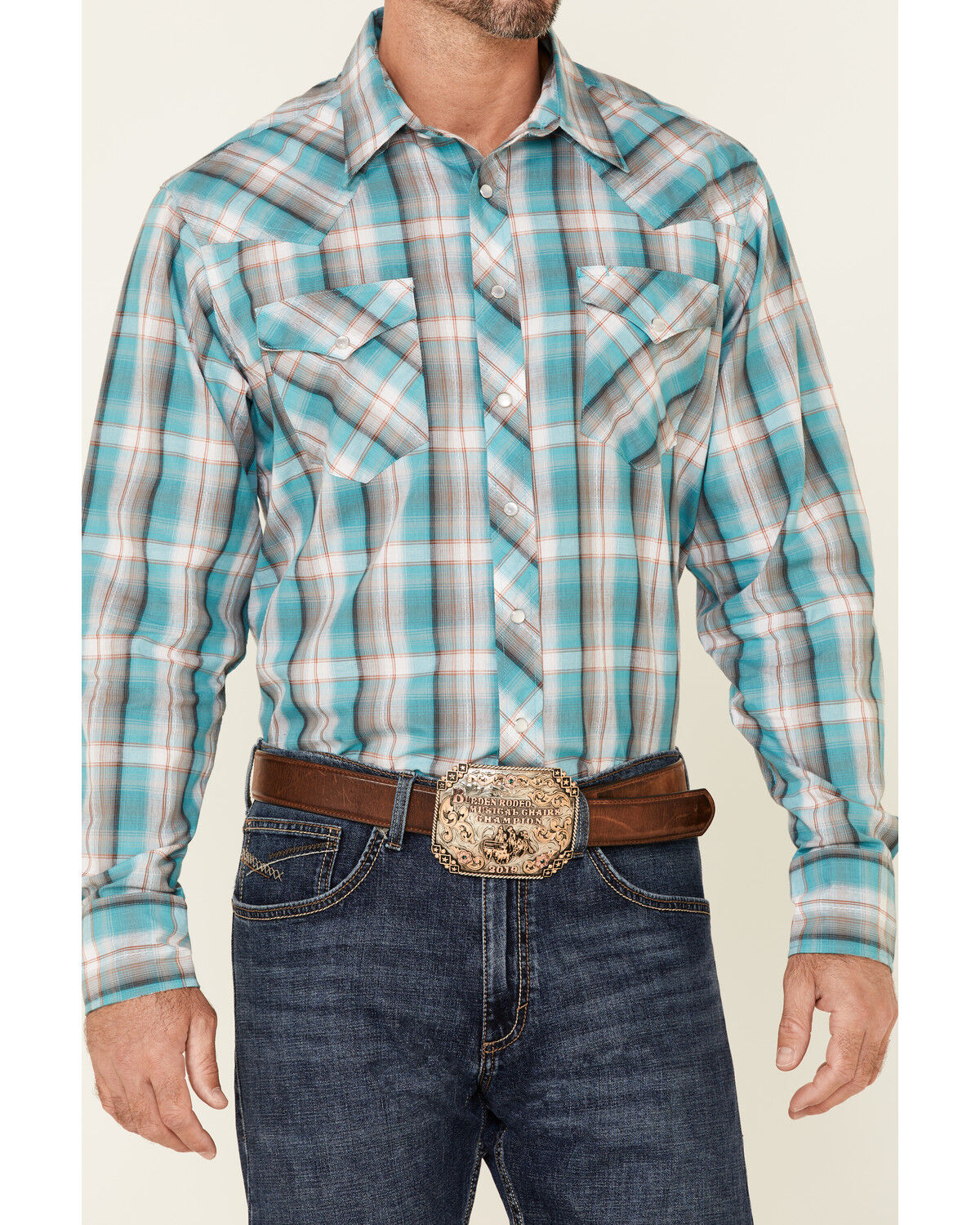 Image #3 - Roper Men's Juniper Dobby Large Plaid Long Sleeve Pearl Snap Western Shirt, Blue, hi-res