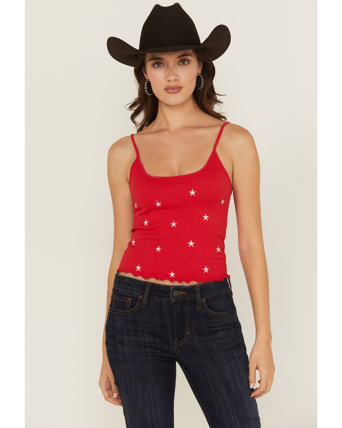 Image #1 - Fornia Women's Star Embroidered Sleeveless Cropped Tank Top, Red, hi-res
