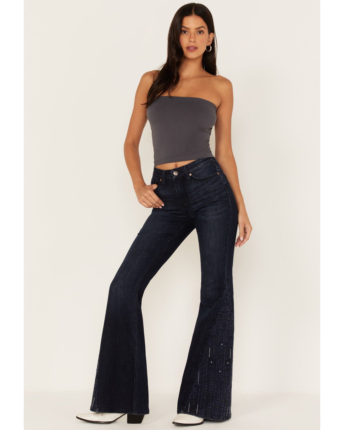 Image #1 - Shyanne Women's Embroidered Dark Wash High Rise Stretch Flare Jeans, , hi-res