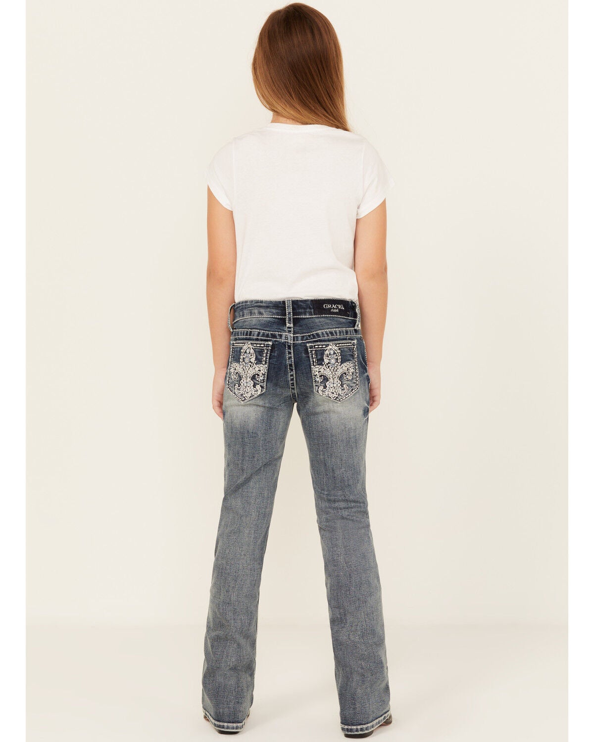 Grace In LA Girls' Dark Wash Fleur De Lis Bootcut Stretch Denim Jeans, Blue, hi-res