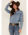 Stetson Women's Southwestern Embroidered Sleeve Denim Western Snap Shirt, Blue, hi-res