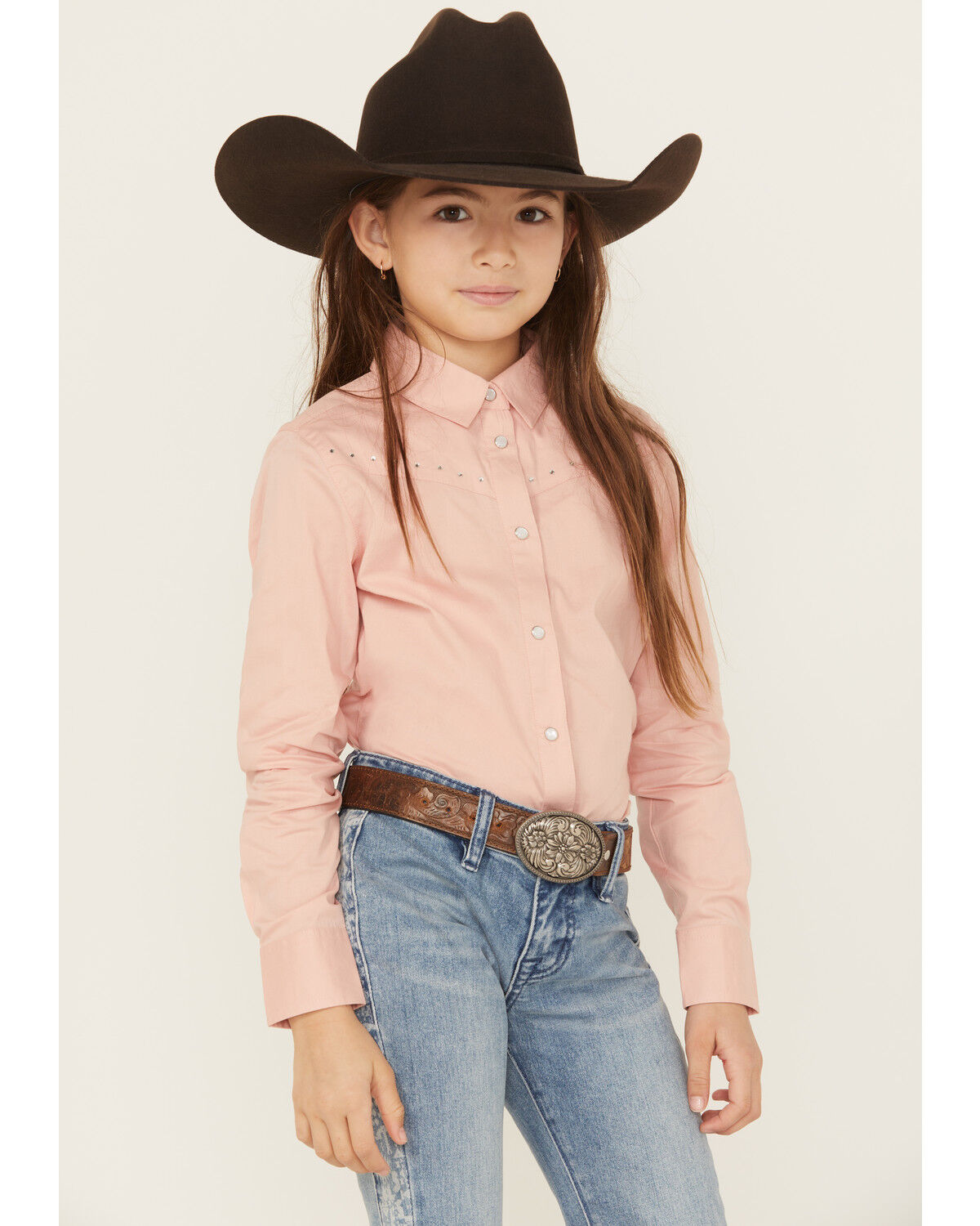 Image #1 - Shyanne Girls' Solid Rhinestone Fringe Long Sleeve Pearl Snap Stretch Western Shirt, Light Pink, hi-res