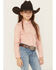 Image #1 - Shyanne Girls' Solid Rhinestone Fringe Long Sleeve Pearl Snap Stretch Western Shirt, Light Pink, hi-res