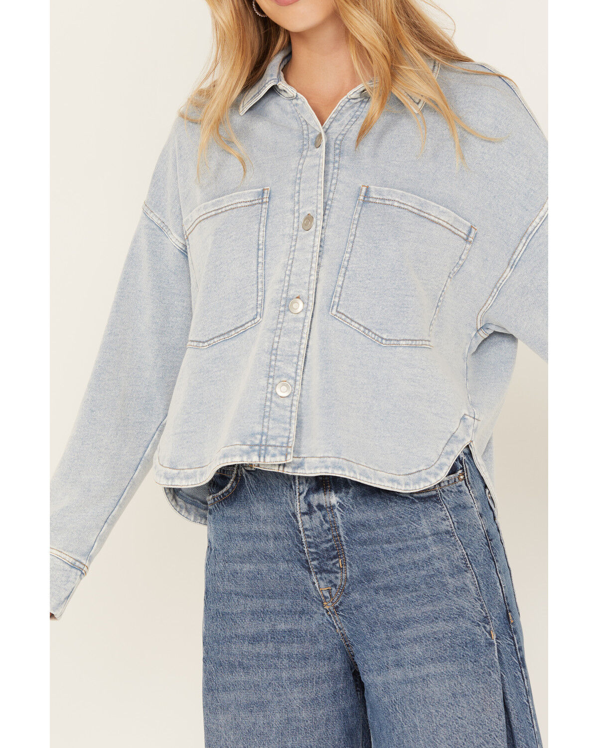 Image #3 - White Crow Women's Denim Knit Cropped Shacket, Light Blue, hi-res