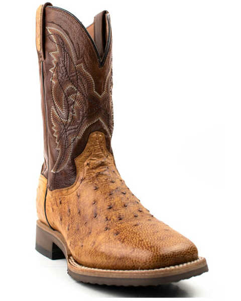 Dan Post Men's Saddle Hand Quill Ostrich Western Boots - Broad Square Toe, Tan, hi-res