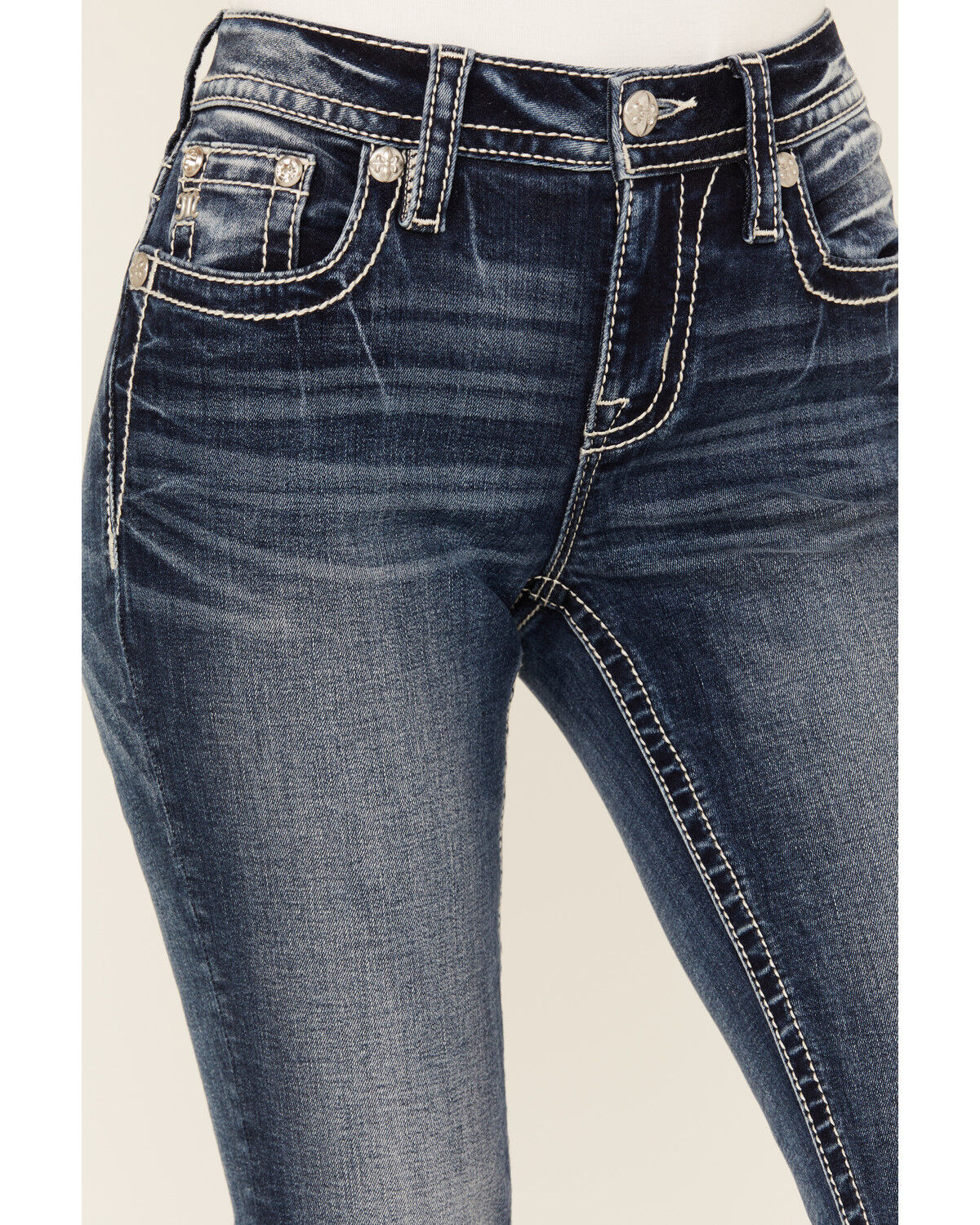 Image #4 - Miss Me Women's Dark Rise Mid Wash Geo Feather Pocket 34" Bootcut Stretched Denim Jeans, Dark Wash, hi-res