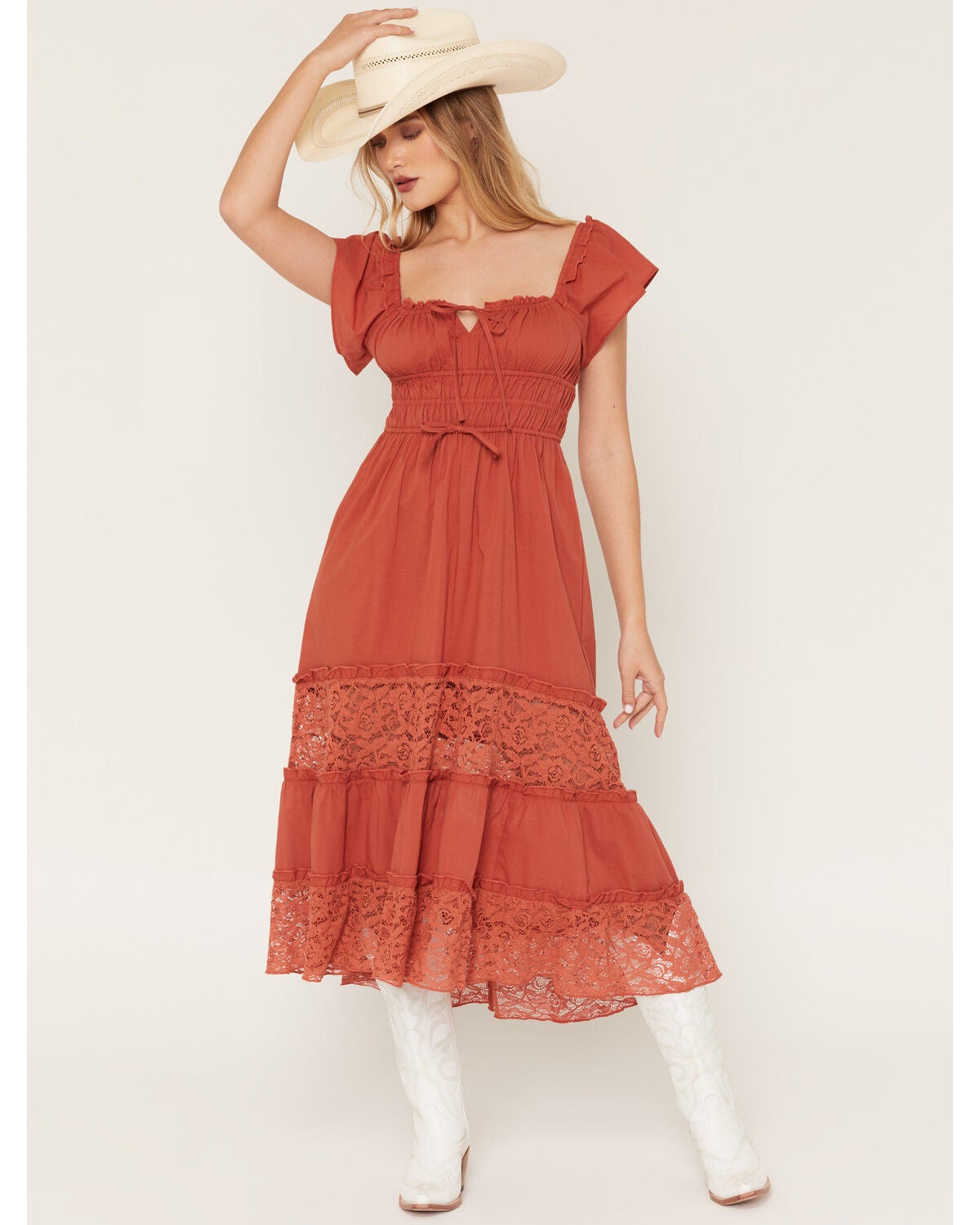 Rosabelle Honey Women's Solid Lace Short Sleeve Midi Dress, Rust Copper, hi-res