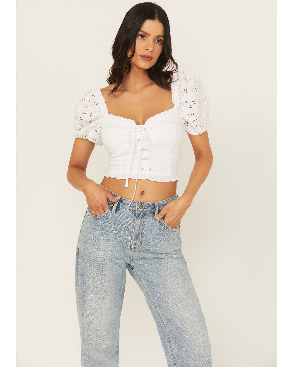 Miss Me Women's Eyelet Sleeve Bustier Top, White, hi-res