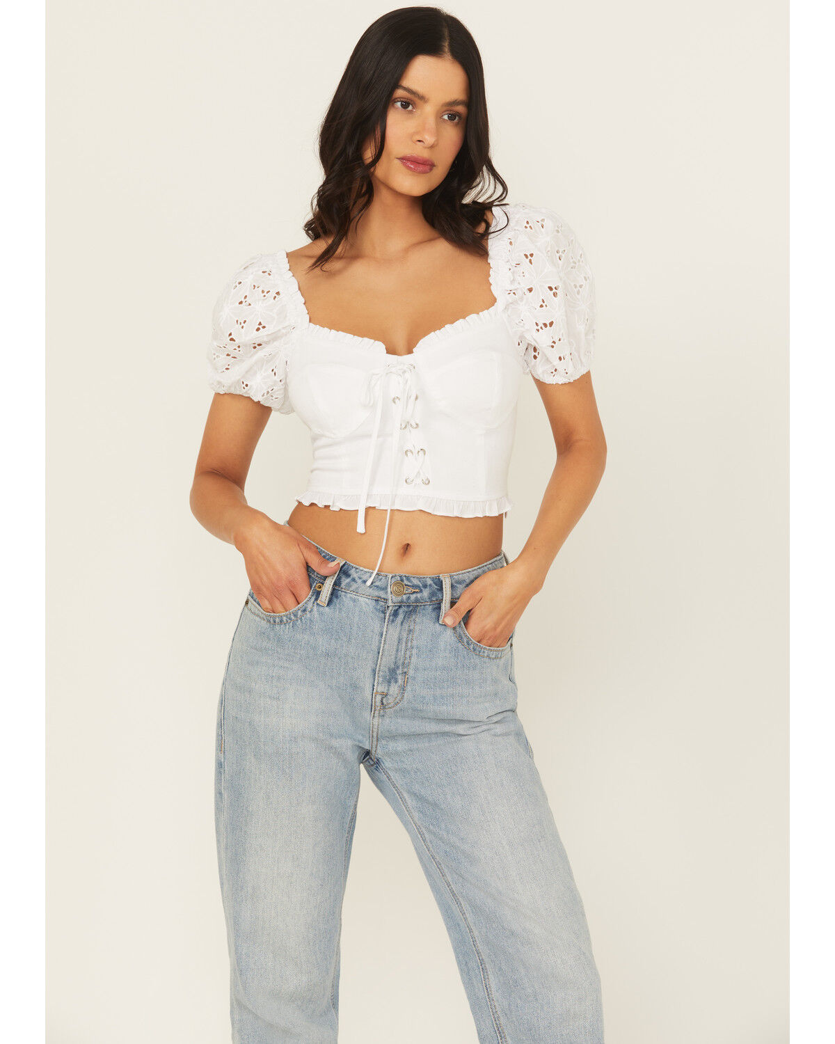 Image #1 - Miss Me Women's Eyelet Sleeve Bustier Top, White, hi-res