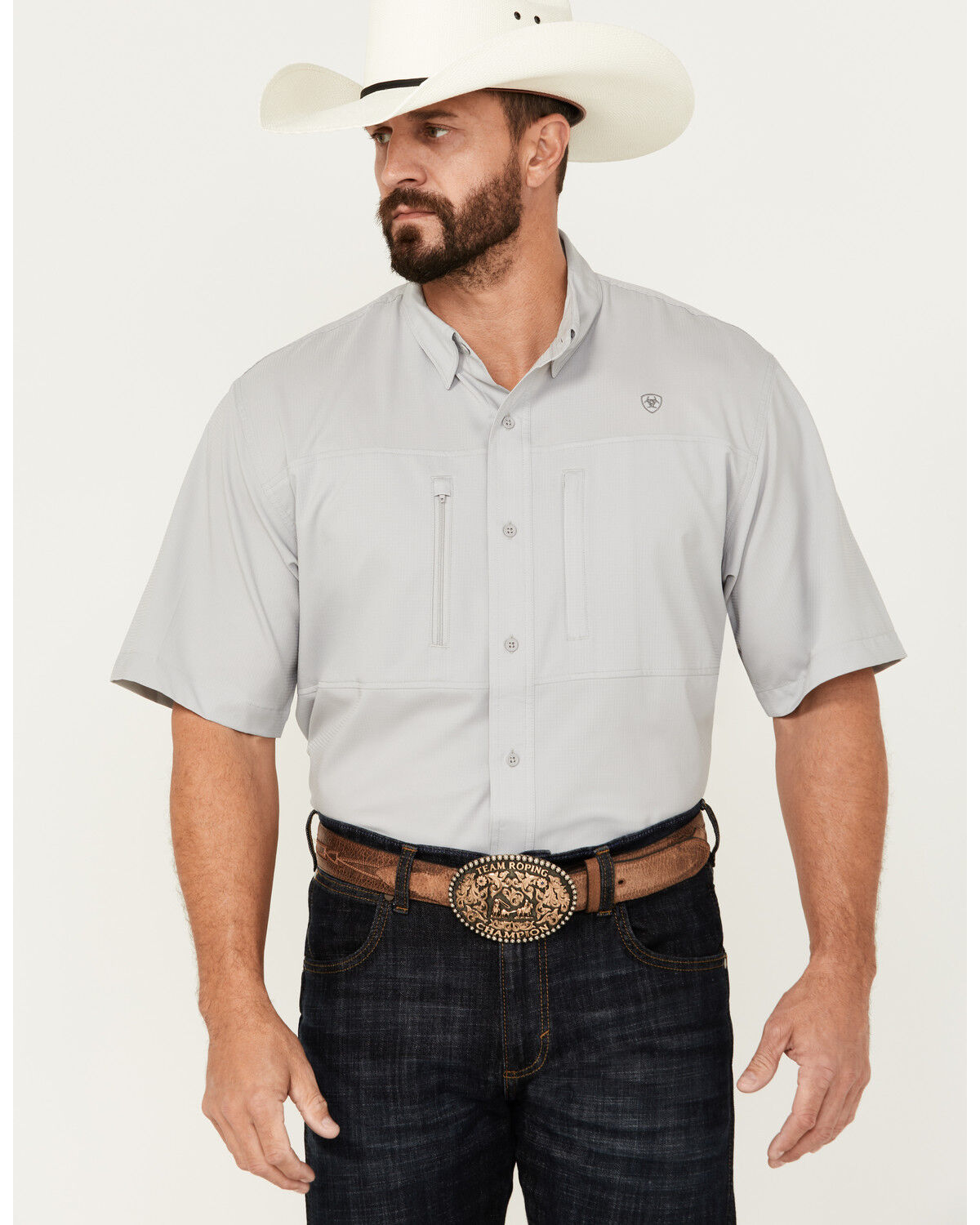 Image #1 - Ariat Men's VentTEK Classic Fit Solid Short Sleeve Performance Shirt - Big, Light Grey, hi-res