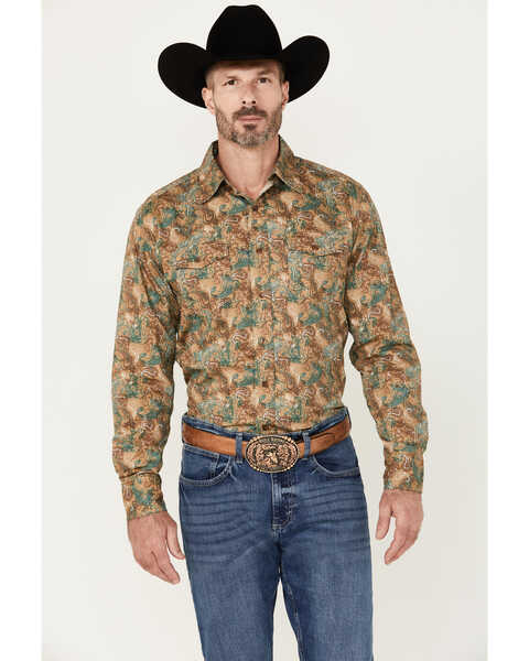 Wrangler Retro Men's Premium Paisley Print Long Sleeve Button-Down Western Shirt - Tall , Tan, hi-res