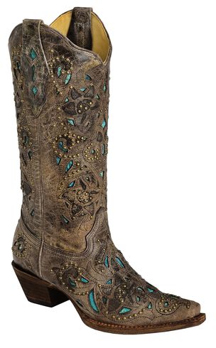 Corral Studded Turquoise Leather Inlay Cowgirl Boots - Snip Toe ...