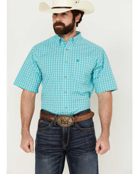 Ariat Men's Jensen Plaid Print Short Sleeve Button-Down Performance Western Shirt - Big , Turquoise, hi-res