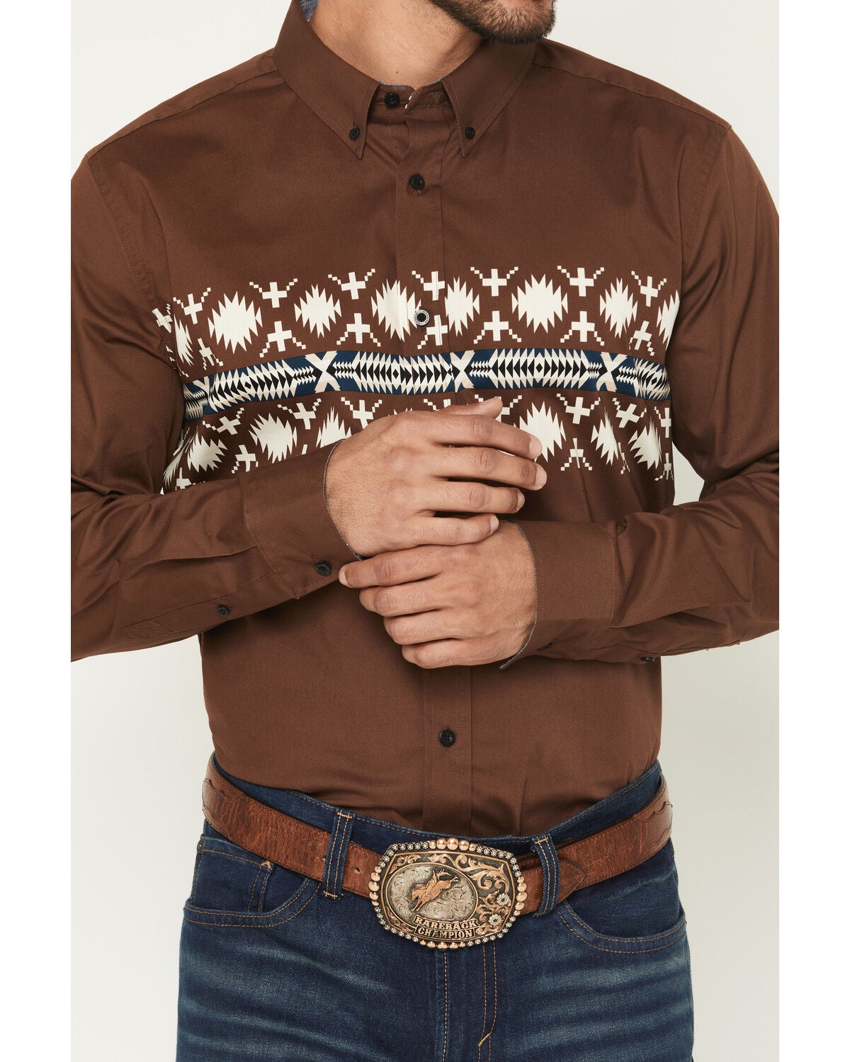 Image #3 - RANK 45&reg; Men's Olympic Southwestern Border Long Sleeve Button-Down Stretch Western Shirt, Brown, hi-res
