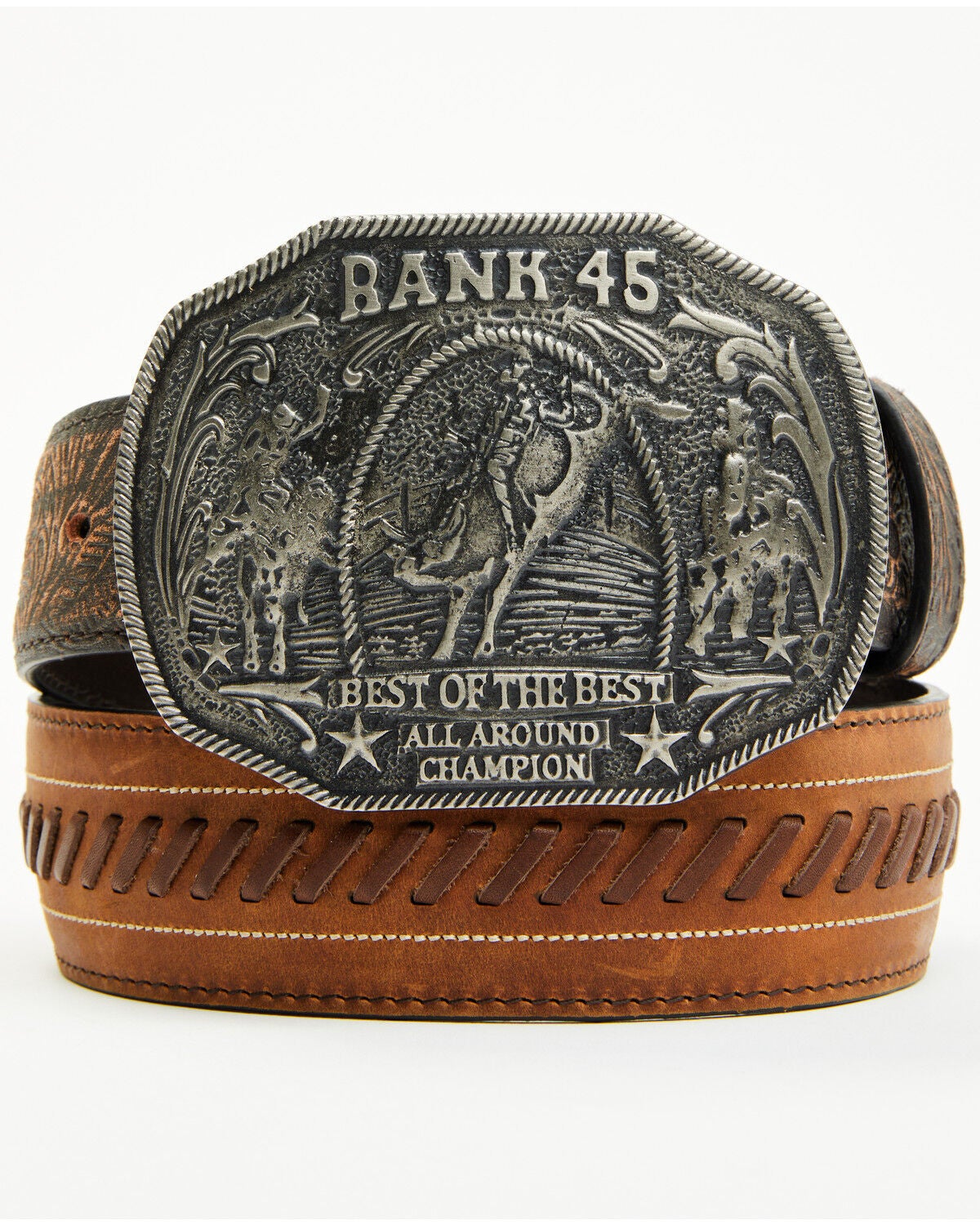 RANK 45&reg; Men's Brooks Tooled Leather Buckle Belt, Brown, hi-res
