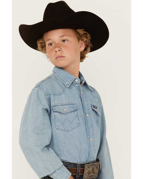 Wrangler Boys' Denim Long Sleeve Snap Western Shirt, Stonewash, hi-res
