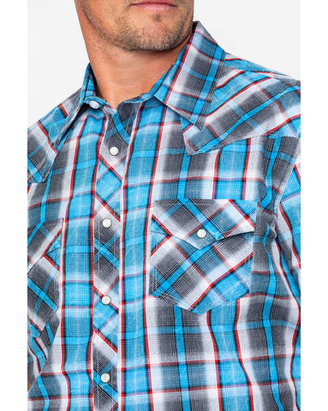 Rock & Roll Denim Men's Crinkle Plaid Snap Short Sleeve Western Shirt , Blue, hi-res