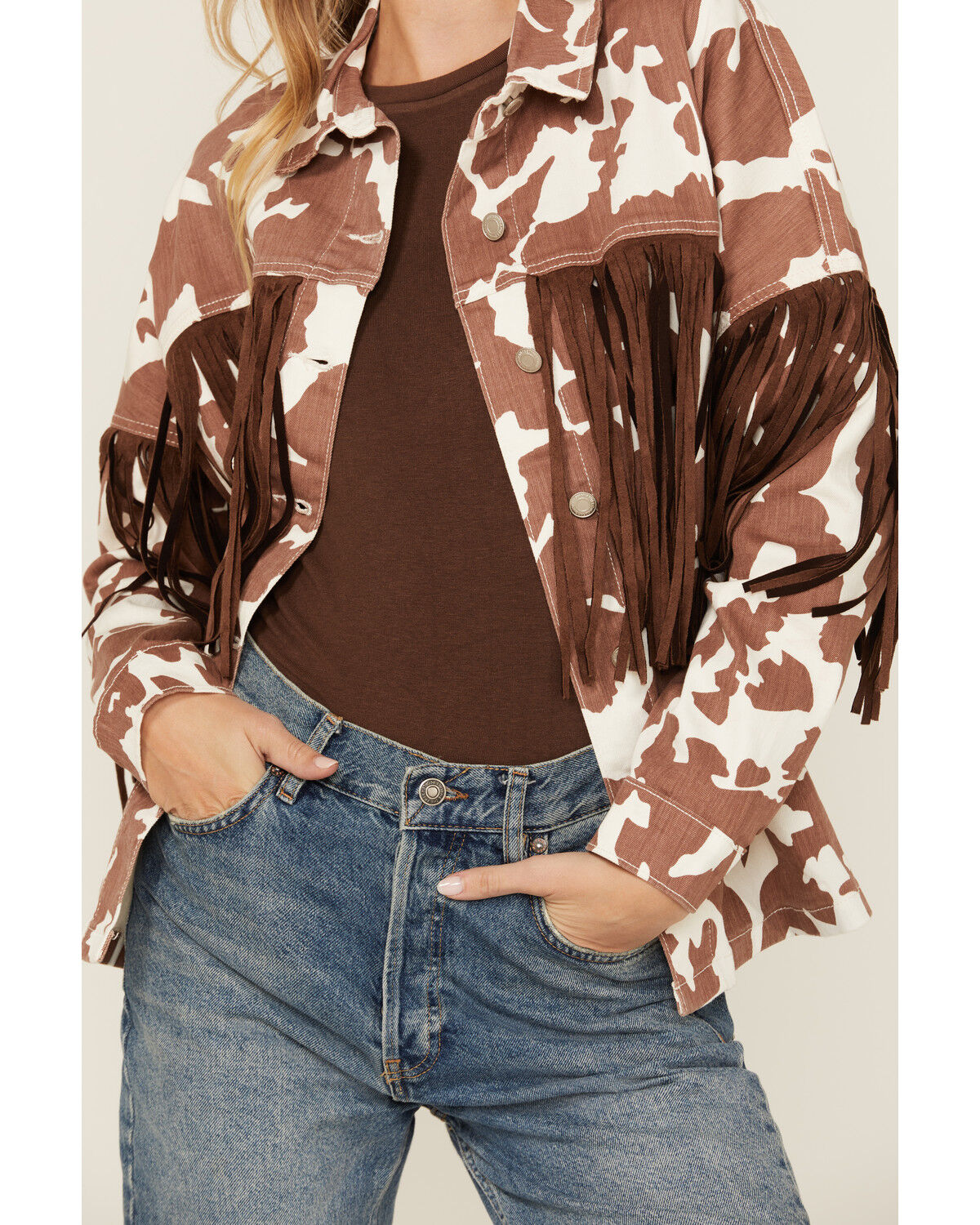 Image #3 - Saints & Hearts Women's Cow Print Tassel Jacket, Brown, hi-res
