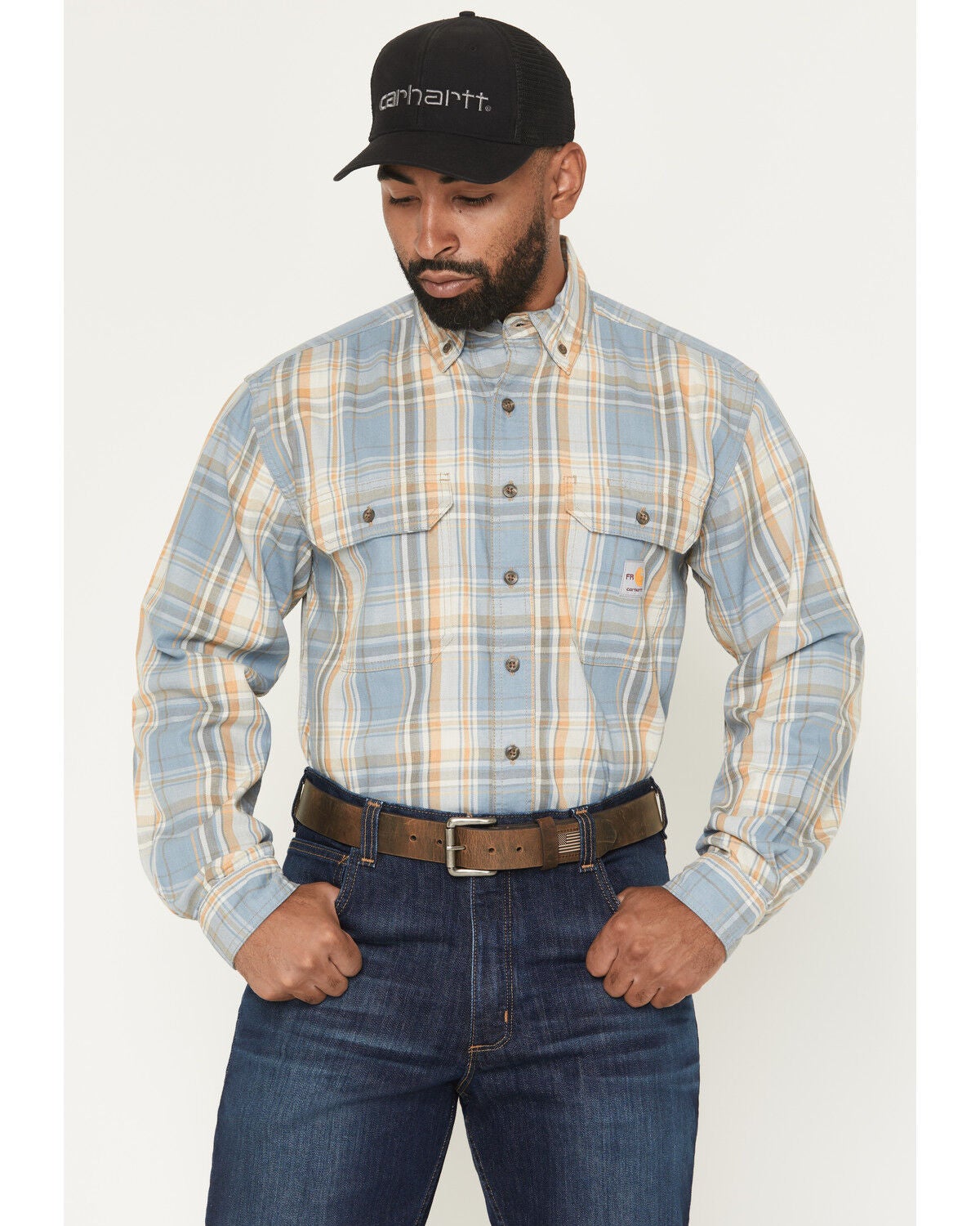 Carhartt Men's FR Plaid Print Long Sleeve Button-Down Work Shirt, Steel Blue, hi-res