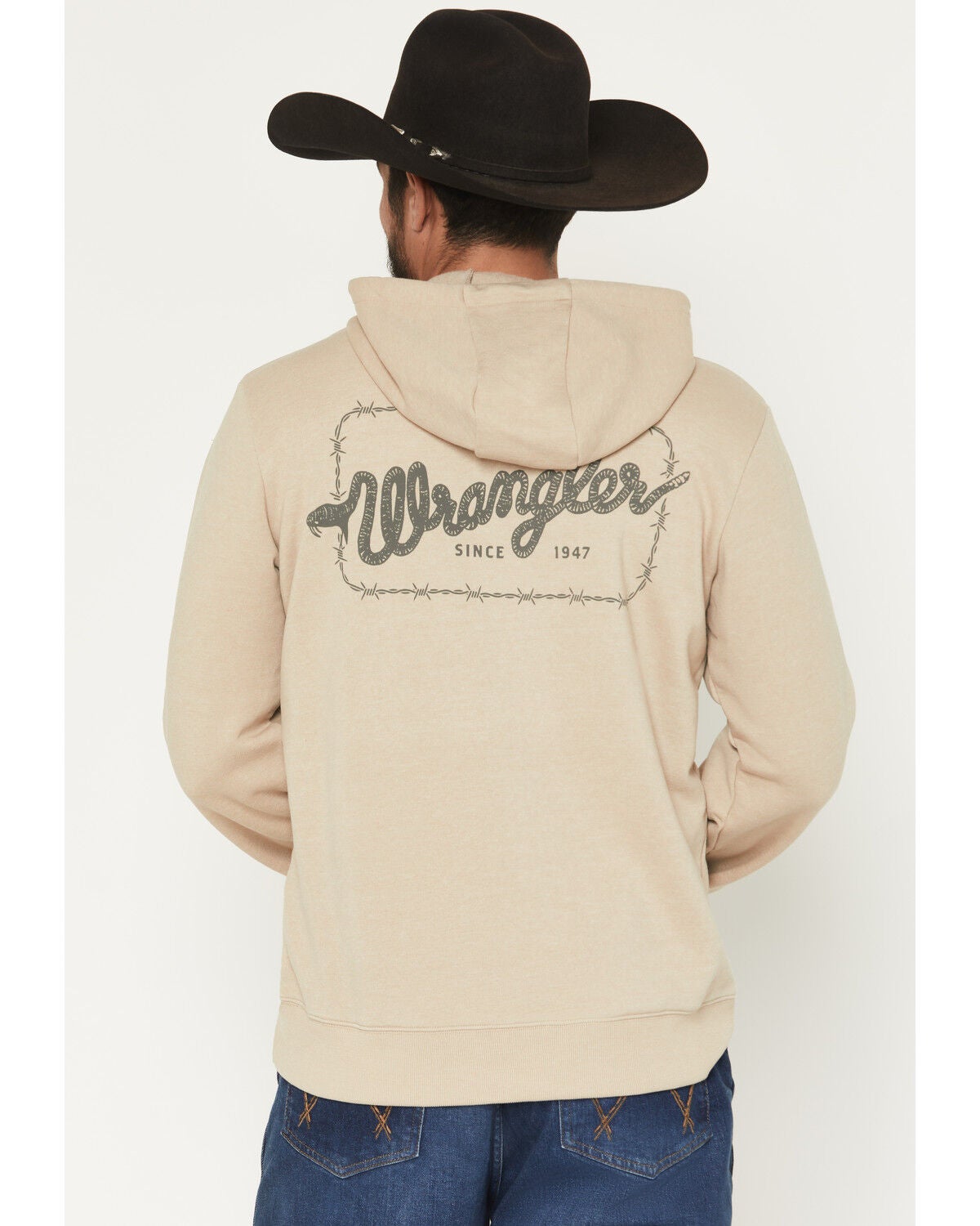 Wrangler Men's Boot Barn Exclusive Barbed Wire Logo Graphic Hooded Sweatshirt, Tan, hi-res