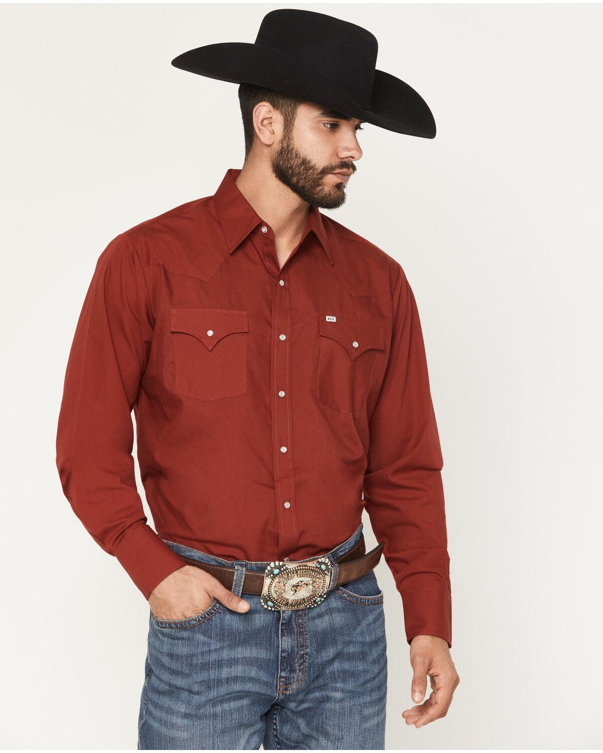 Ely Walker Men's Solid Long Sleeve Snap Stretch Western Shirt, Red, hi-res