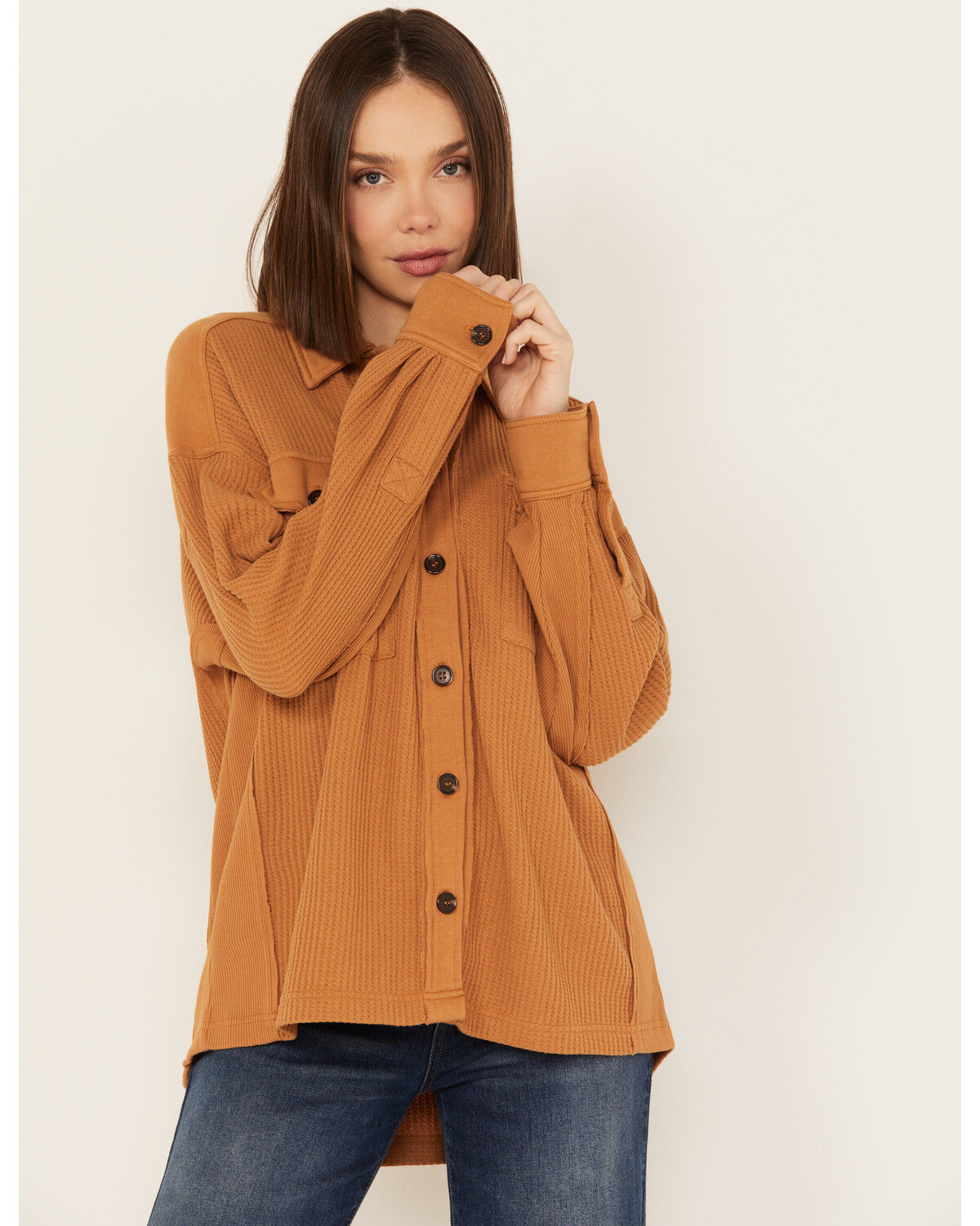 Image #1 - Cleo + Wolf Women's Oversized Knit Button Up Shirt, Lt Brown, hi-res
