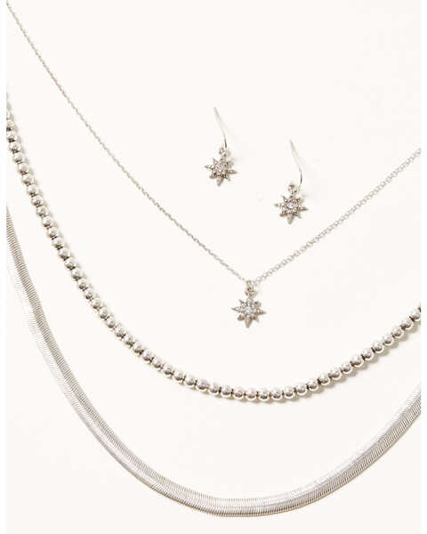 Image #1 - Shyanne Women's 3-piece Silver Layered Starburst Herringbone Necklace & Earrings Set, Silver, hi-res