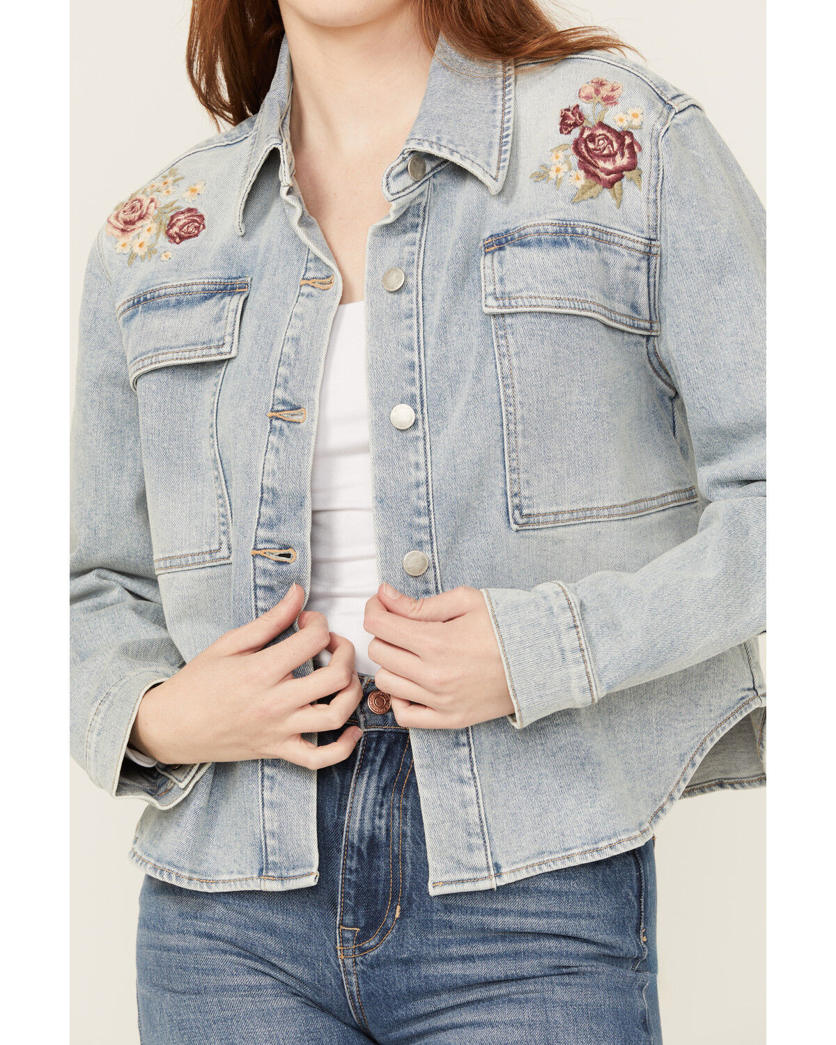 Image #3 - Driftwood Women's Light Wash Embroidered Steer Head Denim Shacket, Light Wash, hi-res