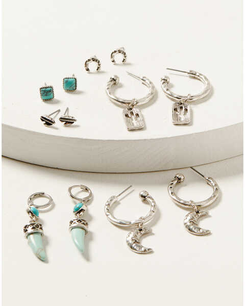 Shyanne Women's Moon & Cactus Turquoise Stone Earrings Set - 6-Piece, Silver, hi-res