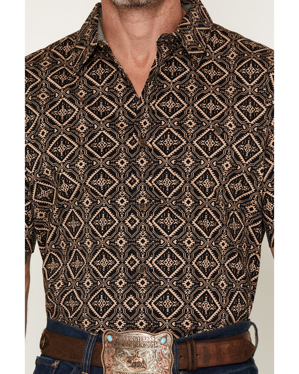 Image #3 - RANK 45&reg; Men's Free Hand Medallion Print Short Sleeve Button-Down Stretch Western Shirt, Black, hi-res