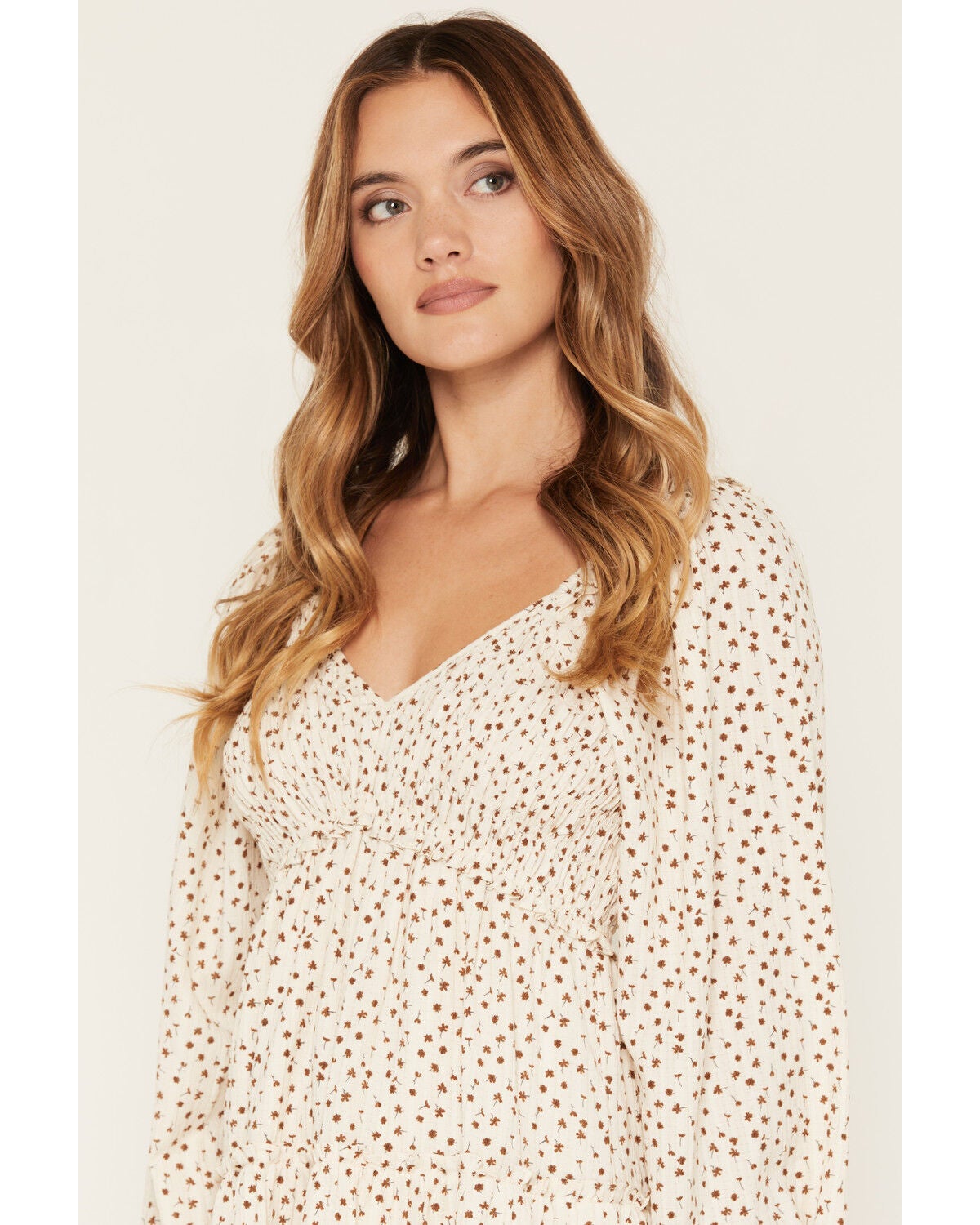 Image #2 - Yura Women's Floral Print Long Sleeve Mini Dress, Cream, hi-res