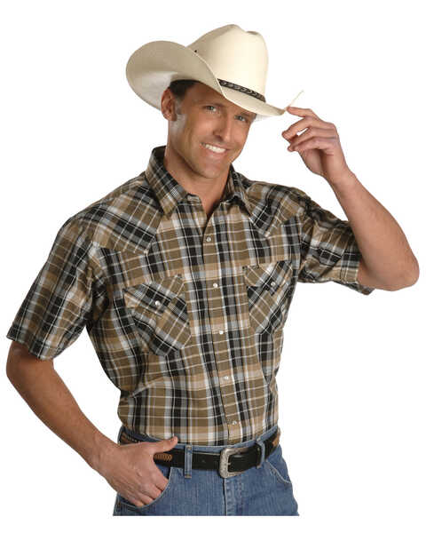 Image #2 - Ely Walker Men's Assorted Plaid or Stripe Short Sleeve Pearl Snap Western Shirt, Plaid, hi-res