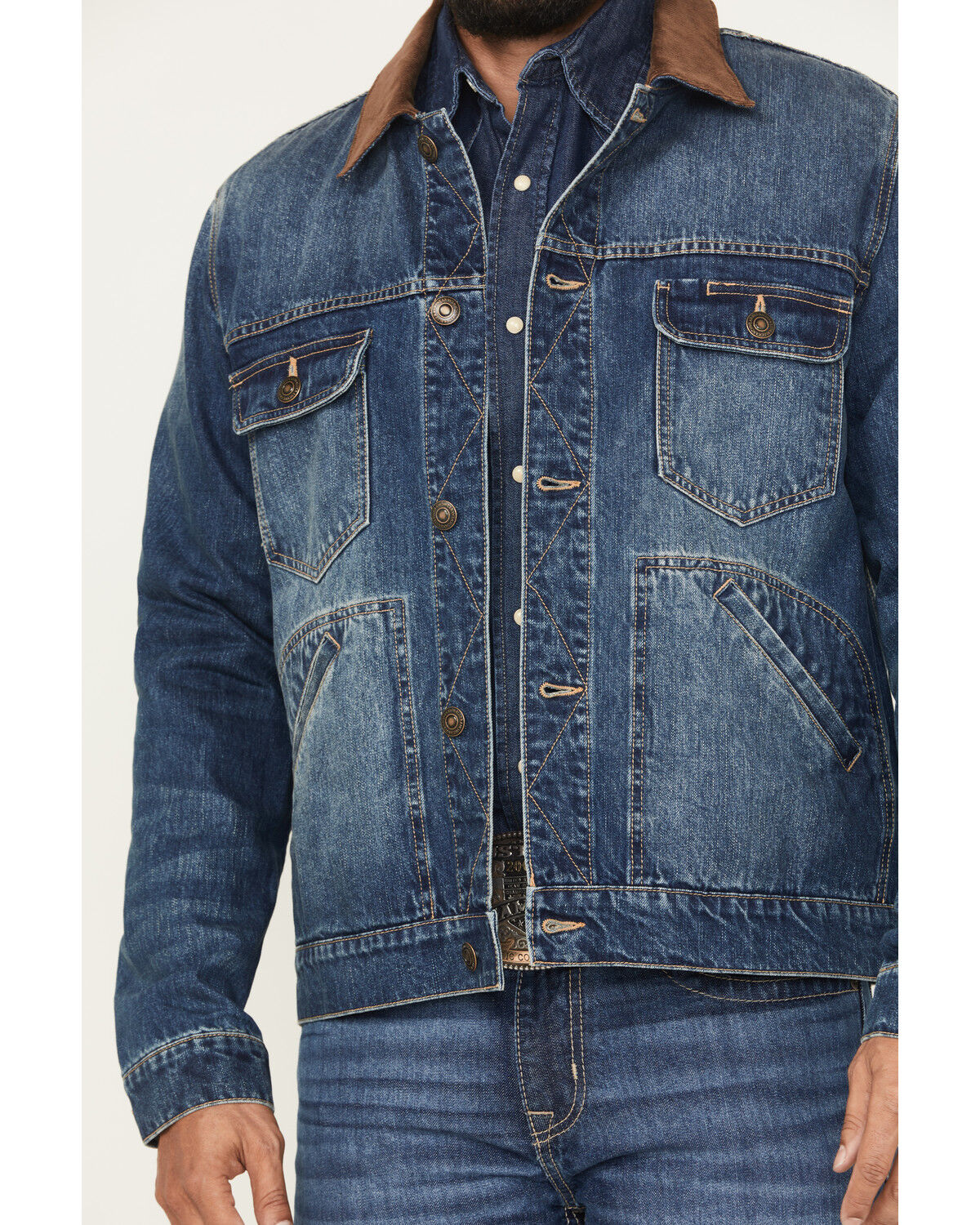 Image #3 - Blue Ranchwear Men's Canyon Corduroy Collar Denim Jacket, Dark Wash, hi-res