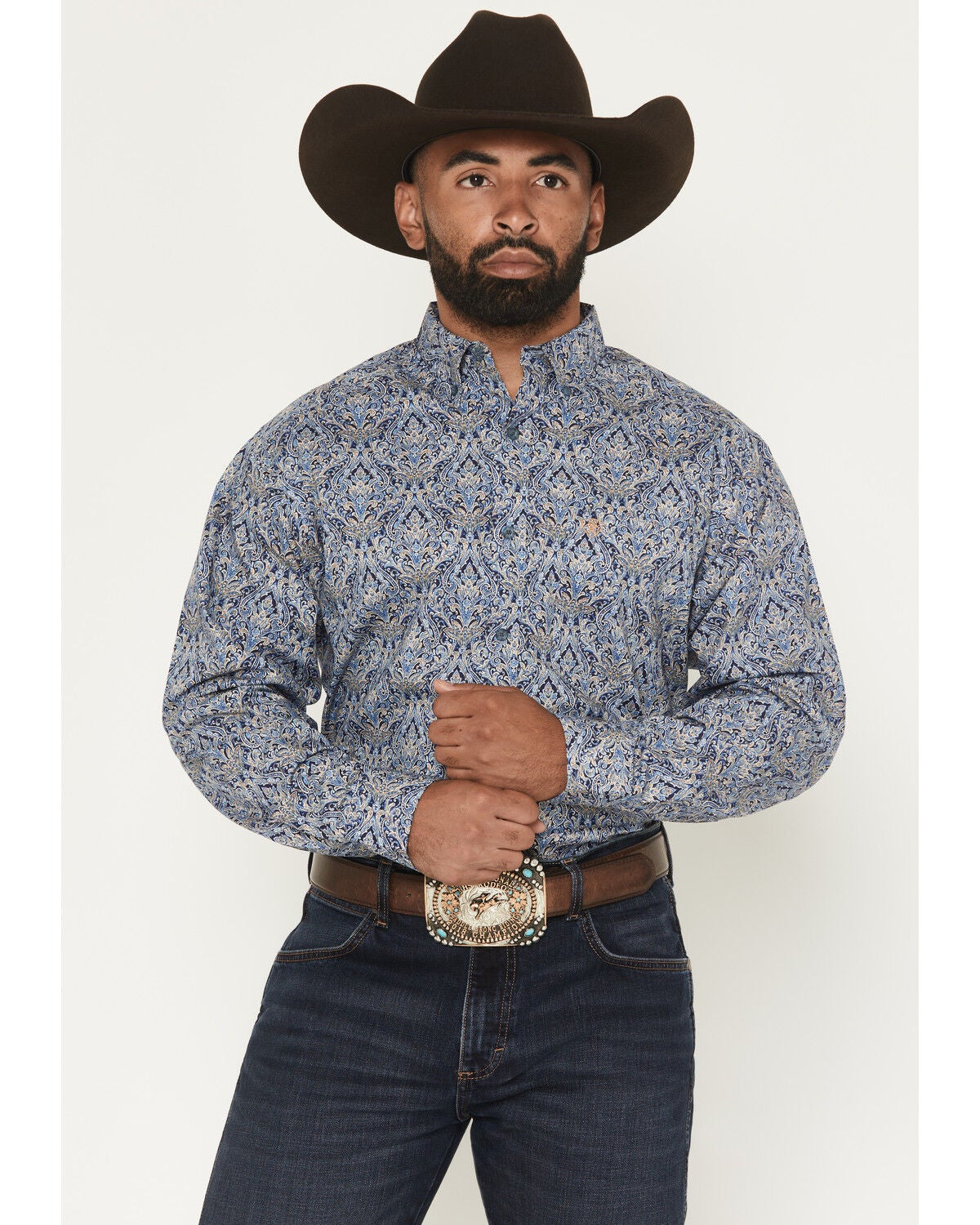 Image #1 - Ariat Men's Stoney Paisley Print Long Sleeve Button-Down Western Shirt - Big, Blue, hi-res