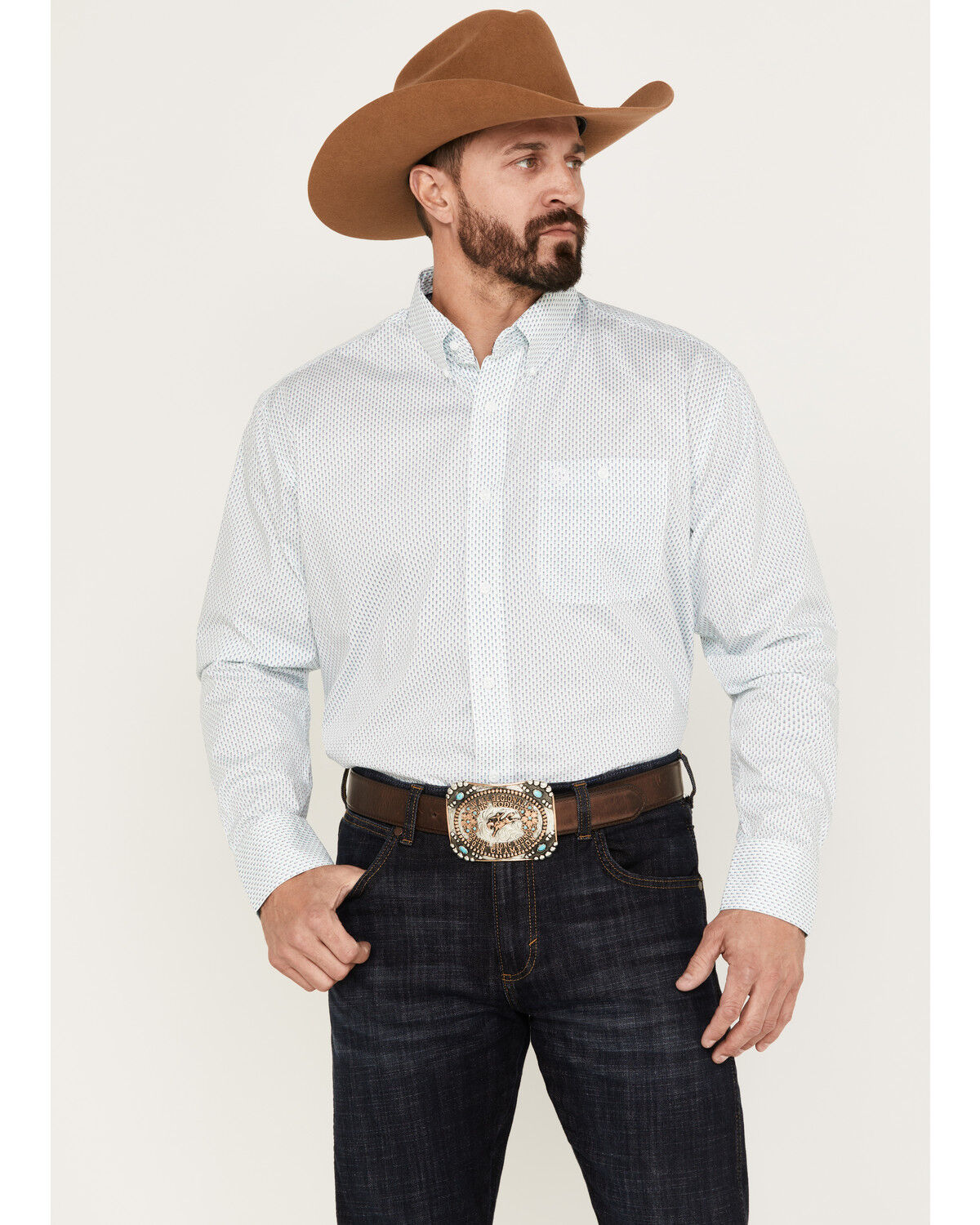 Image #1 - George Strait by Wrangler Men's Geo Print Long Sleeve Button-Down Shirt, Teal, hi-res