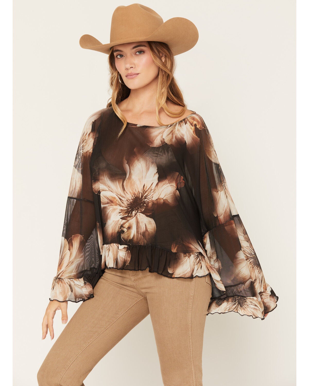 Image #1 - Wild Moss Women's Floral Mesh Poncho Top, Black, hi-res