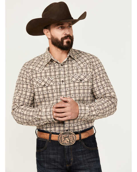 Image #1 - Gibson Trading Co Men's Cross Barred Plaid Print Long Sleeve Snap Western Shirt, Natural, hi-res