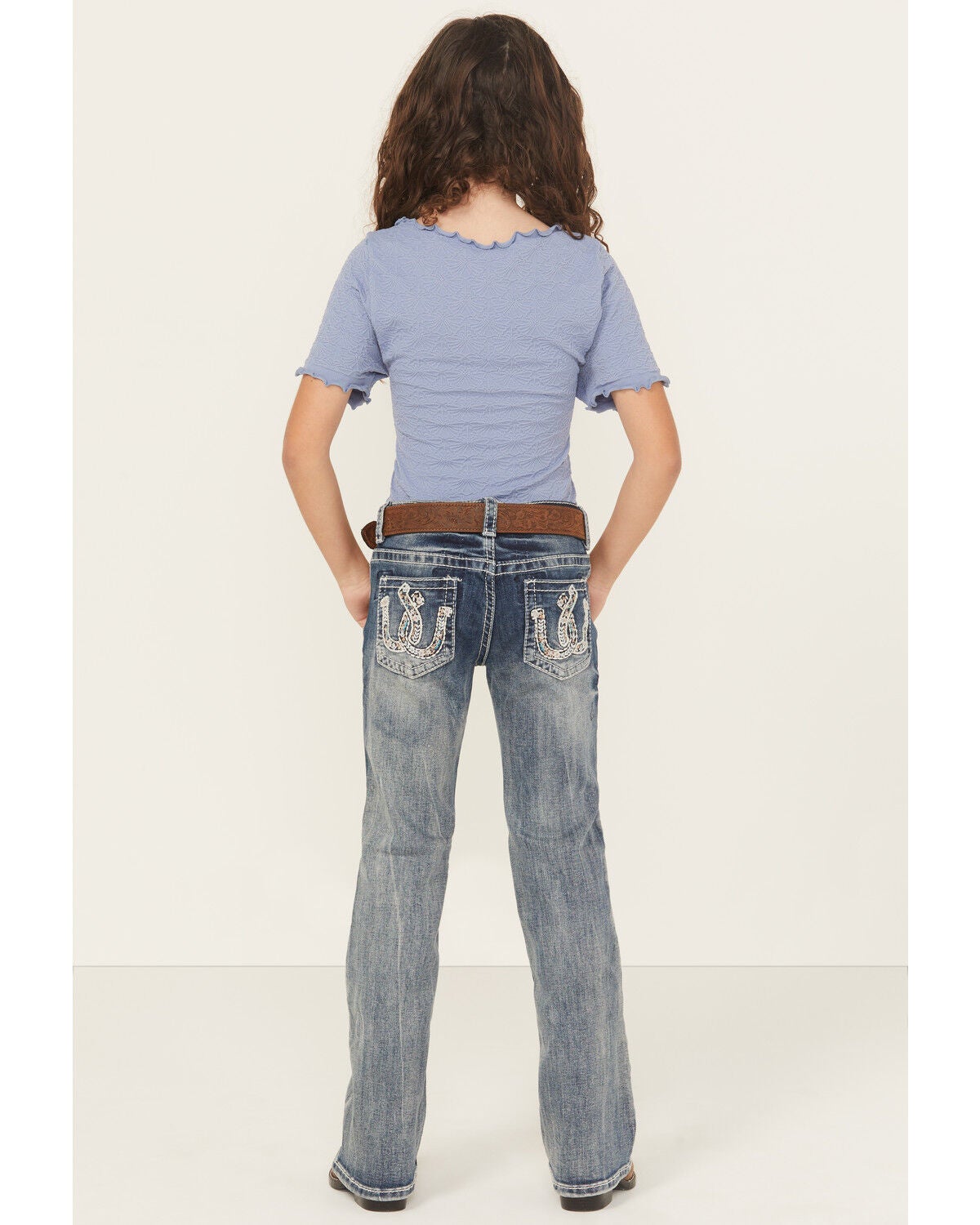 Grace in LA Little Girls' Light Wash Double Horseshoe Pocket Bootcut Stretch Denim Jeans, Blue, hi-res