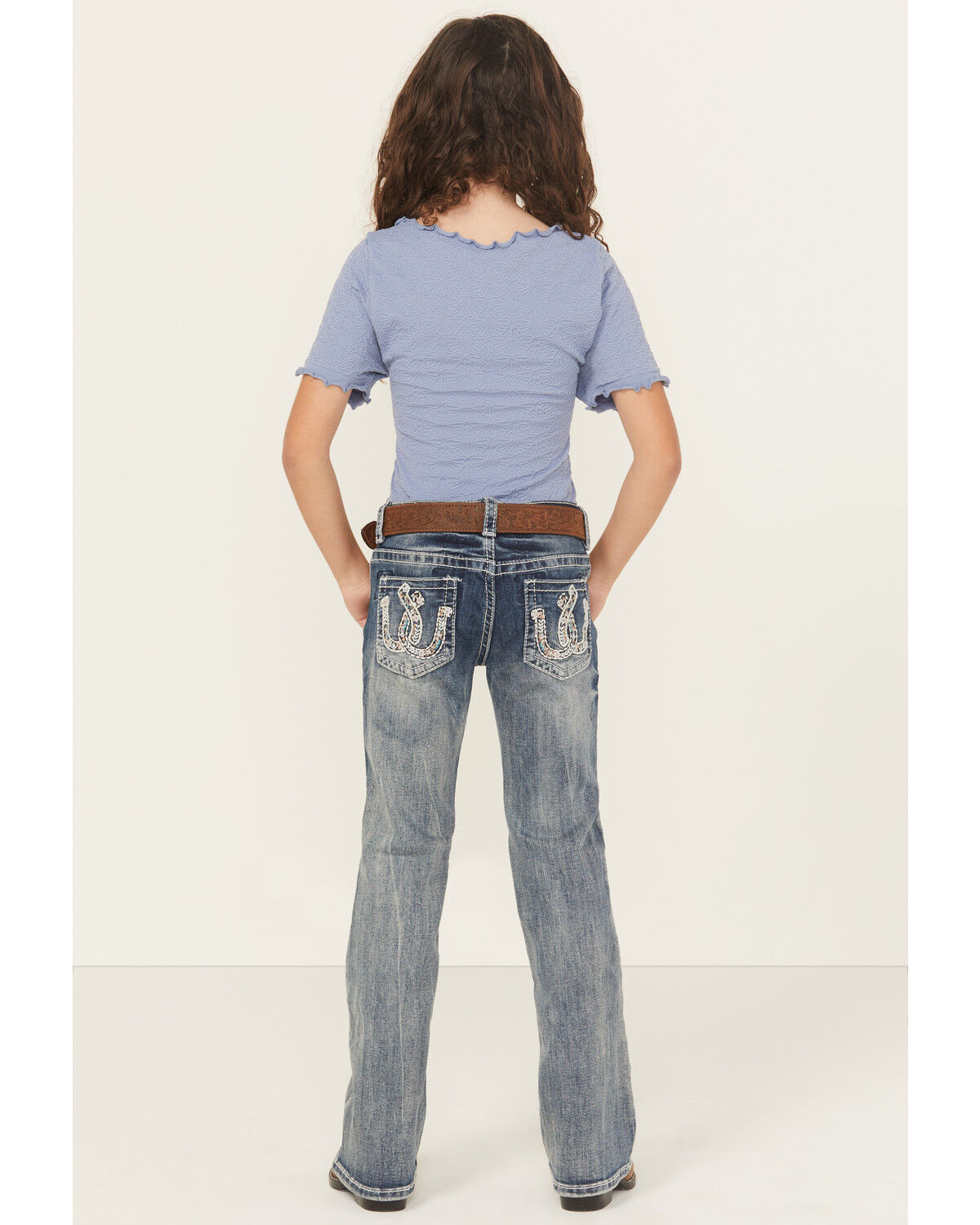 Image #1 - Grace in LA Little Girls' Light Wash Double Horseshoe Pocket Bootcut Stretch Denim Jeans, Blue, hi-res