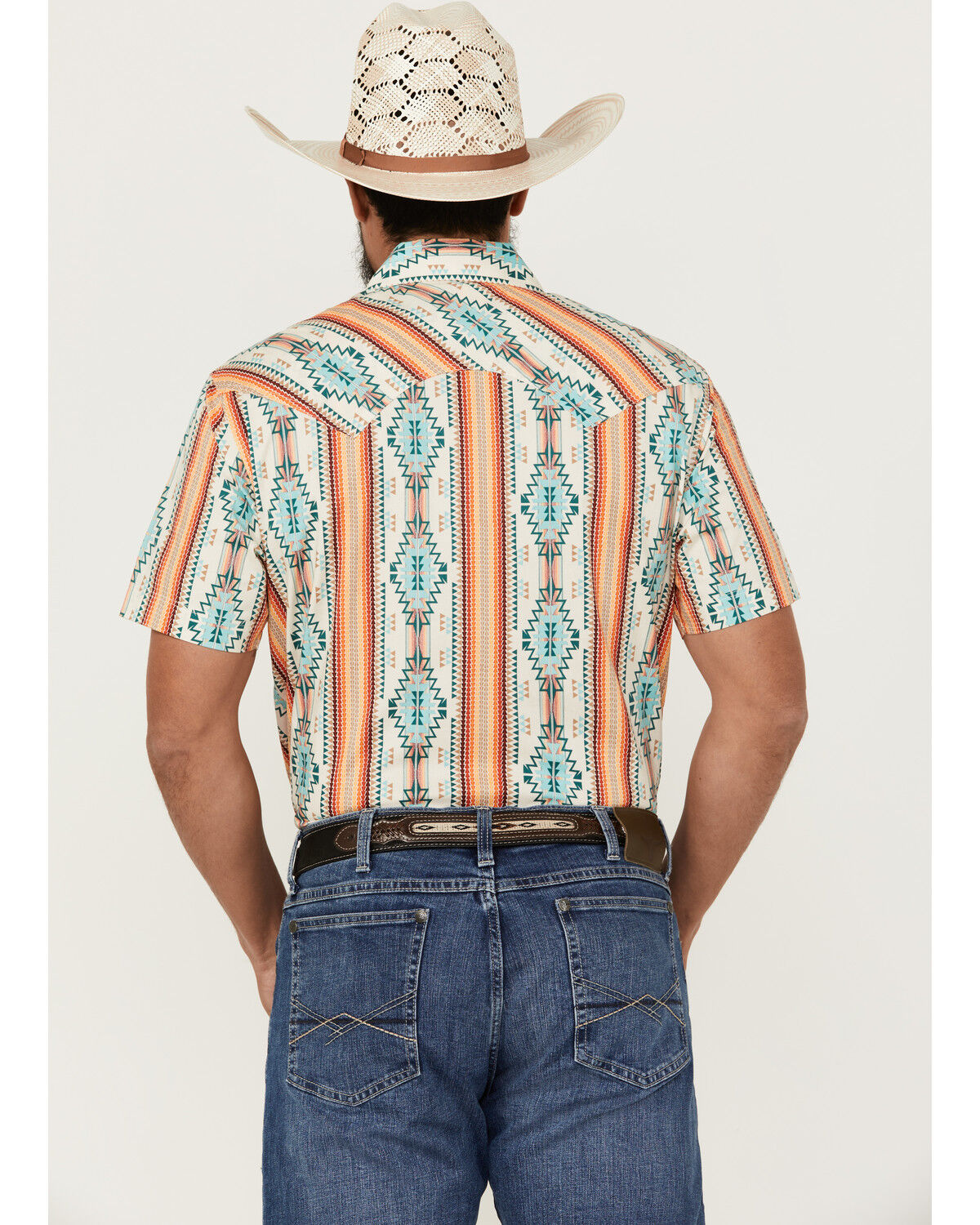 Image #4 - Rock & Roll Denim Men's Southwestern Print Short Sleeve Pearl Snap Stretch Western Shirt, Cream, hi-res