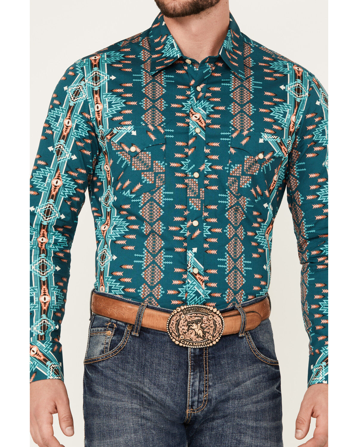 Image #3 - Rock & Roll Denim Men's Southwestern Print Stretch Long Sleeve Snap Western Shirt, Teal, hi-res