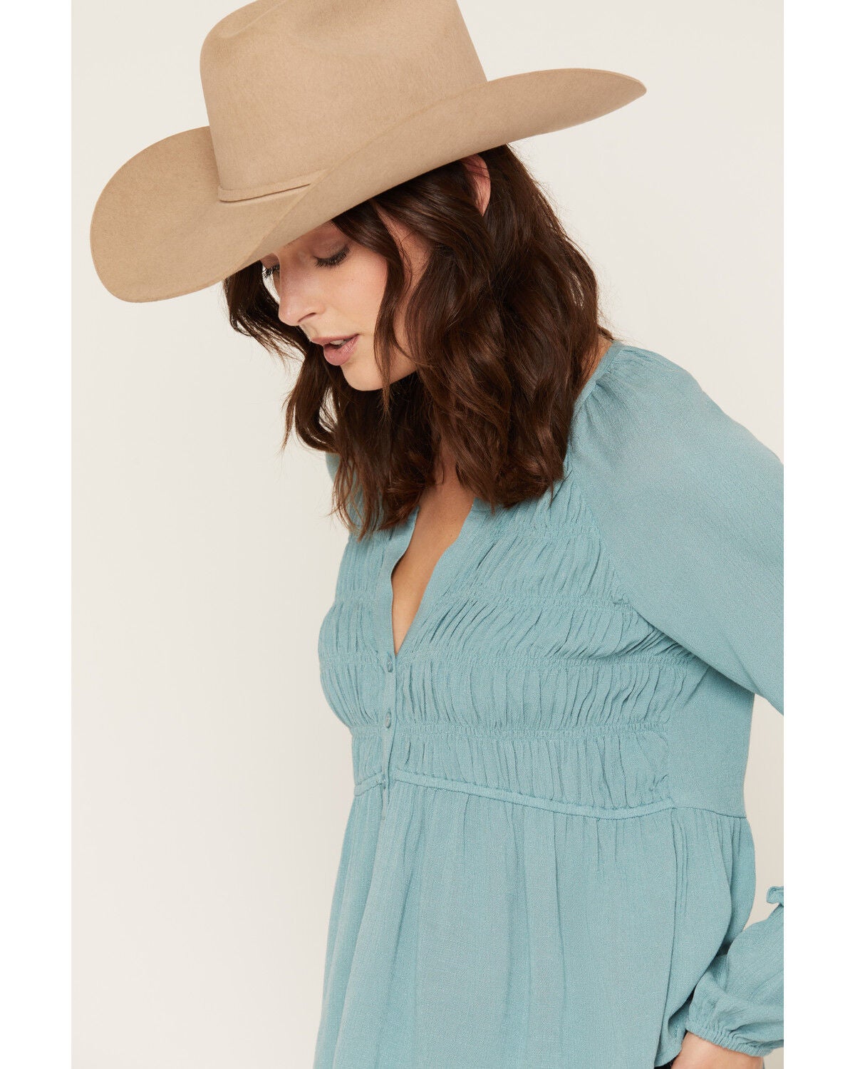 Image #2 - Lovestitch Women's Long Sleeve Rouched Front Top, Blue, hi-res